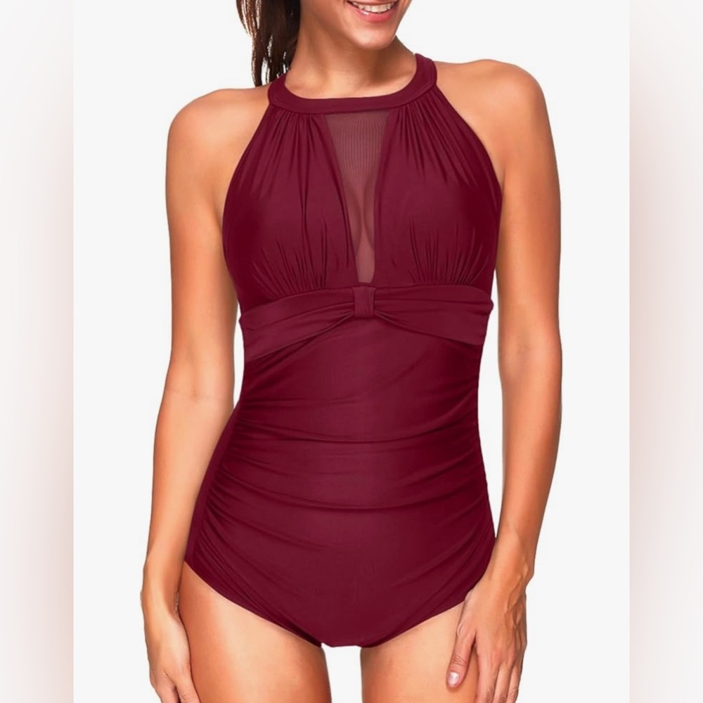 Red Athletic One-Piece Swimsuit with Mesh Panels